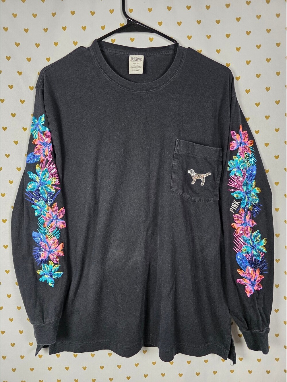 Victorias Secret PINK Hibiscus BLING Long Sleeve Pocket Tee MEDIUM Embroidered